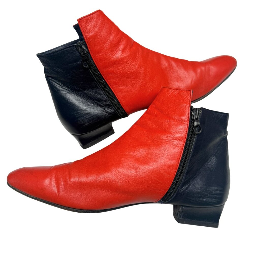 MONDI Vintage 2-Tone Red & Black Leather Colourblock Ankle Boots